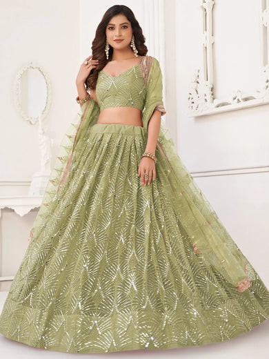 Wonderful Light Green Sequin Net Engagement Wear Lehenga Choli